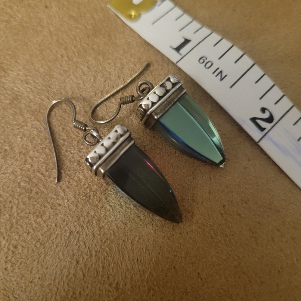 Handmade Silver and Green Iridescent Drop Earrings - Picture 2 of 5